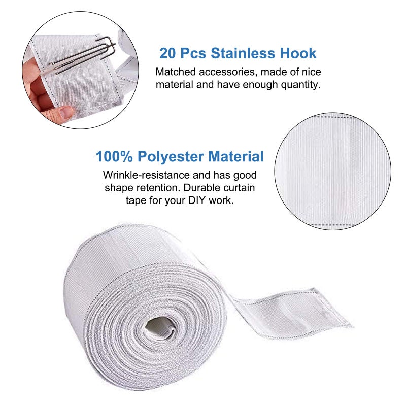 INCREWAY Curtain Accessory, 10 Meters/10.9 Yards White Curtain Heading Deep Pinch Tape Pull Pleat Tape with 20 Pcs Stainless Steel 4 Prong Curtain Pleat Hook Clip - Image 3
